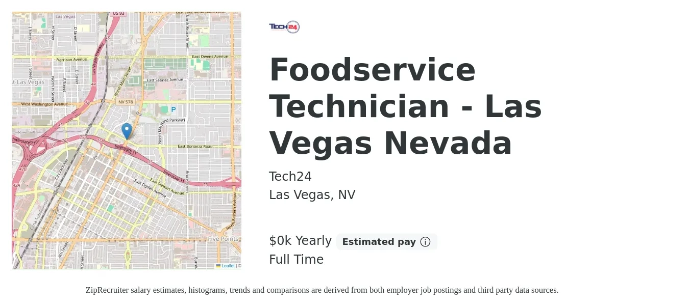 Tech24 job posting for a Foodservice Technician - Las Vegas Nevada in Las Vegas, NV with a salary of $26 to $30 Yearly with a map of Las Vegas location.