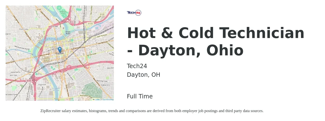 Tech24 job posting for a Hot & Cold Technician - Dayton, Ohio in Dayton, OH with a salary of $24 to $33 Hourly with a map of Dayton location.