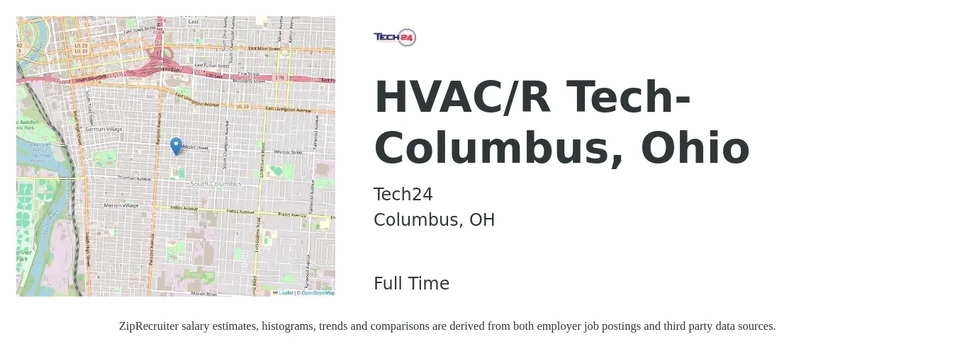 Tech24 job posting for a HVAC/R Tech- Columbus, Ohio in Columbus, OH with a salary of $22 to $32 Hourly with a map of Columbus location.