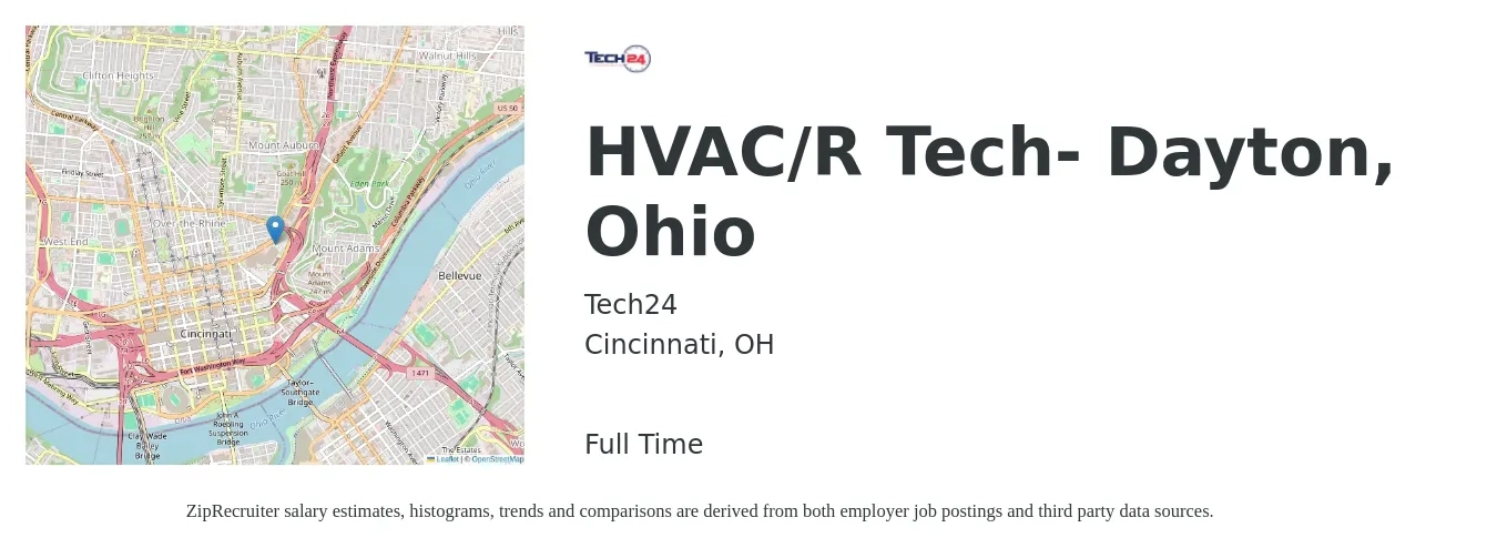 Tech24 job posting for a HVAC/R Tech- Dayton, Ohio in Cincinnati, OH with a salary of $22 to $32 Hourly with a map of Cincinnati location.