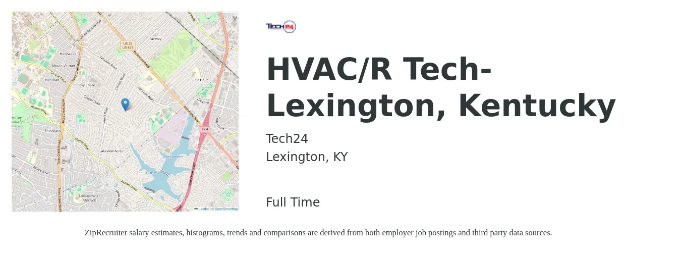 Tech24 job posting for a HVAC/R Tech- Lexington, Kentucky in Lexington, KY with a salary of $23 to $33 Hourly with a map of Lexington location.