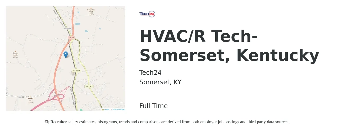 Tech24 job posting for a HVAC/R Tech- Somerset, Kentucky in Somerset, KY with a salary of $17 to $24 Hourly with a map of Somerset location.