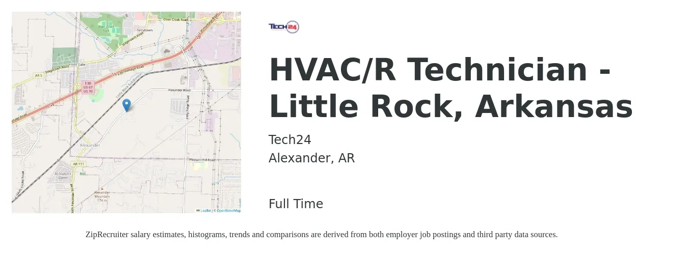 Tech24 job posting for a HVAC/R Technician - Little Rock, Arkansas in Alexander, AR with a salary of $22 to $31 Hourly with a map of Alexander location.