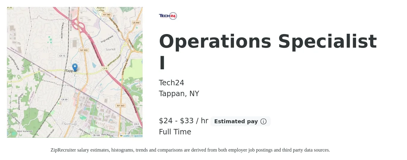 Tech24 job posting for a Operations Specialist I in Tappan, NY with a salary of $25 to $35 Hourly with a map of Tappan location.