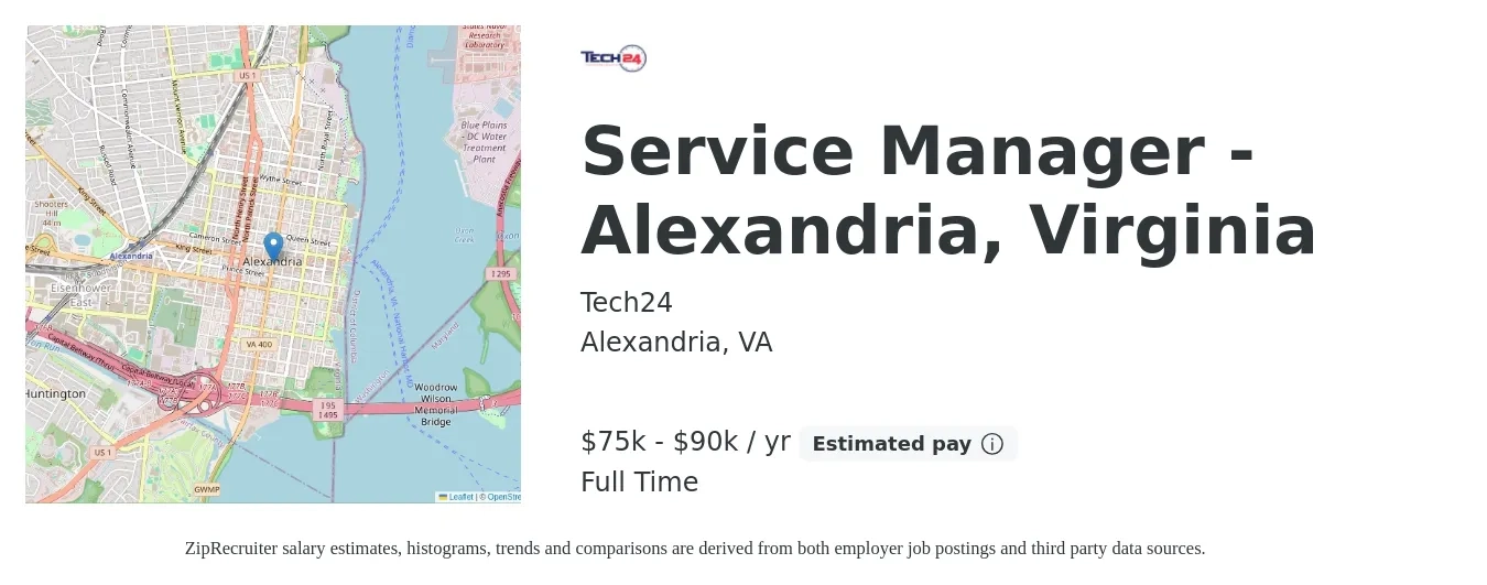Tech24 job posting for a Service Manager - Alexandria, Virginia in Alexandria, VA with a salary of $75,000 to $90,000 Yearly with a map of Alexandria location.
