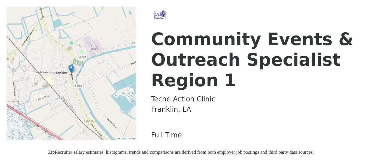 Teche Action Clinic job posting for a Community Events & Outreach Specialist Region 1 in Franklin, LA with a salary of $33,100 to $48,500 Yearly with a map of Franklin location.