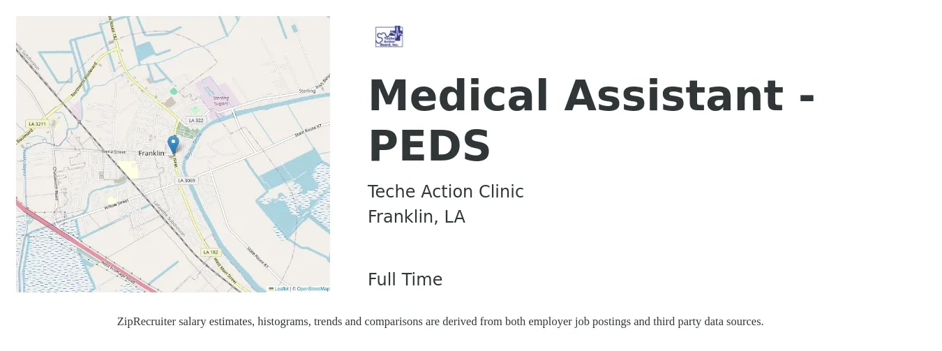 Teche Action Clinic job posting for a Medical Assistant - PEDS in Franklin, LA with a salary of $14 to $18 Hourly with a map of Franklin location.