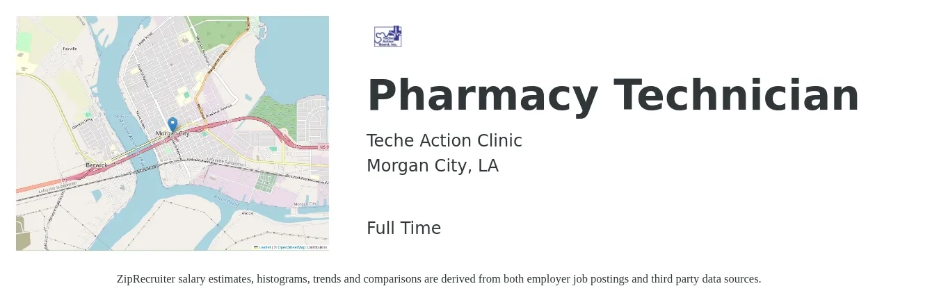 Teche Action Clinic job posting for a Pharmacy Technician in Morgan City, LA with a salary of $15 to $18 Hourly with a map of Morgan City location.