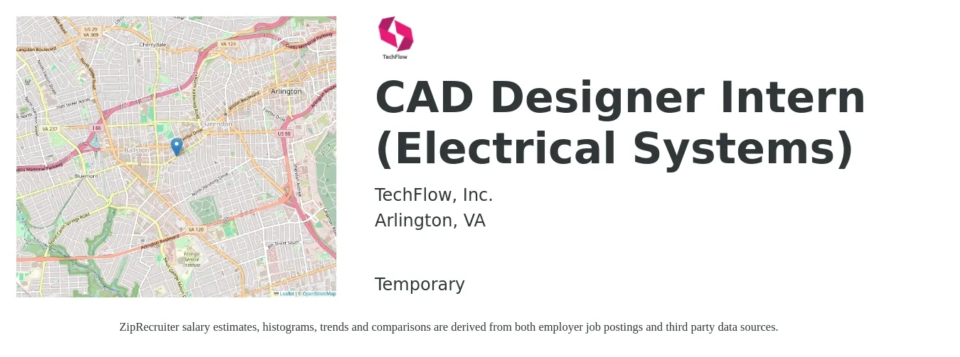 TechFlow, Inc. job posting for a CAD Designer Intern (Electrical Systems) in Arlington, VA with a salary of $20 to $24 Hourly with a map of Arlington location.