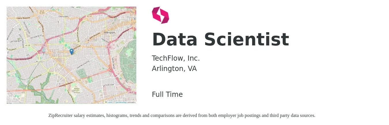 TechFlow, Inc. job posting for a Data Scientist in Arlington, VA with a salary of $112,600 to $155,400 Yearly with a map of Arlington location.