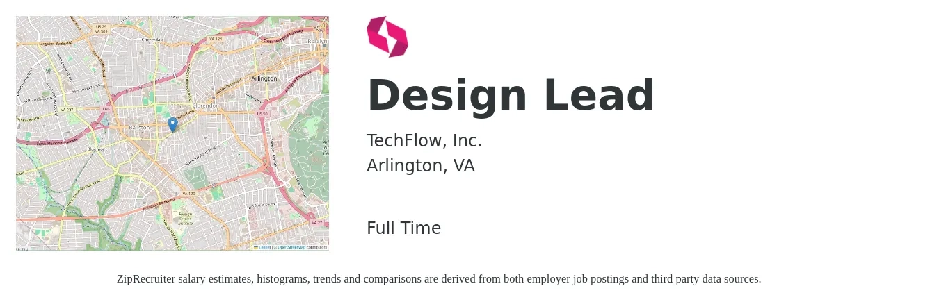 TechFlow, Inc. job posting for a Design Lead in Arlington, VA with a salary of $192,100 Yearly with a map of Arlington location.