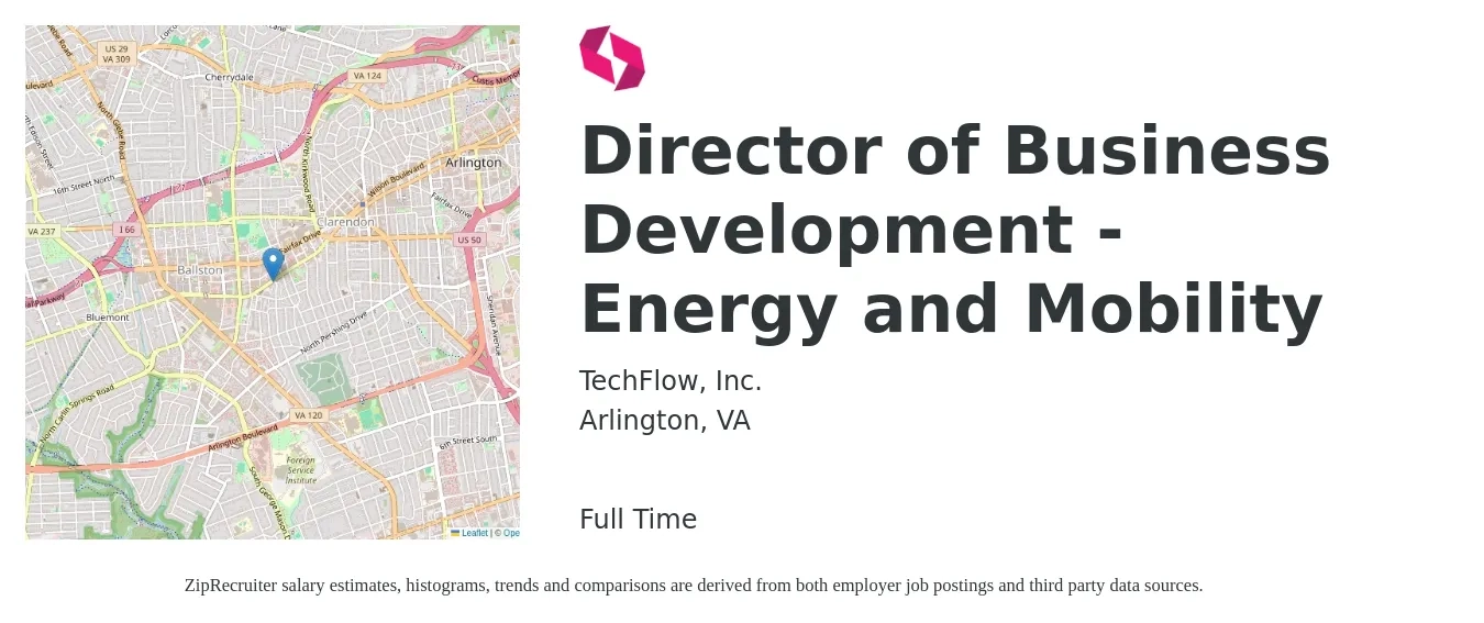 TechFlow, Inc. job posting for a Director of Business Development - Energy and Mobility in Arlington, VA with a salary of $107,600 to $174,300 Yearly with a map of Arlington location.