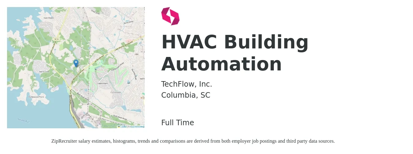 TechFlow, Inc. job posting for a HVAC Building Automation in Columbia, SC with a salary of $38,900 Yearly with a map of Columbia location.