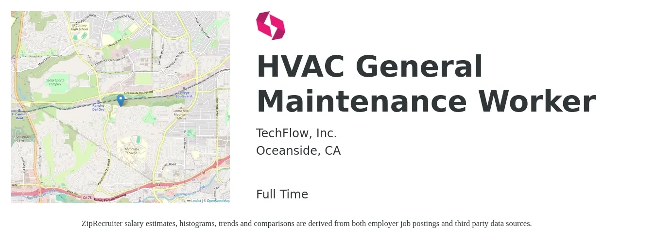 TechFlow, Inc. job posting for a HVAC General Maintenance Worker in Oceanside, CA with a salary of $23 Hourly with a map of Oceanside location.