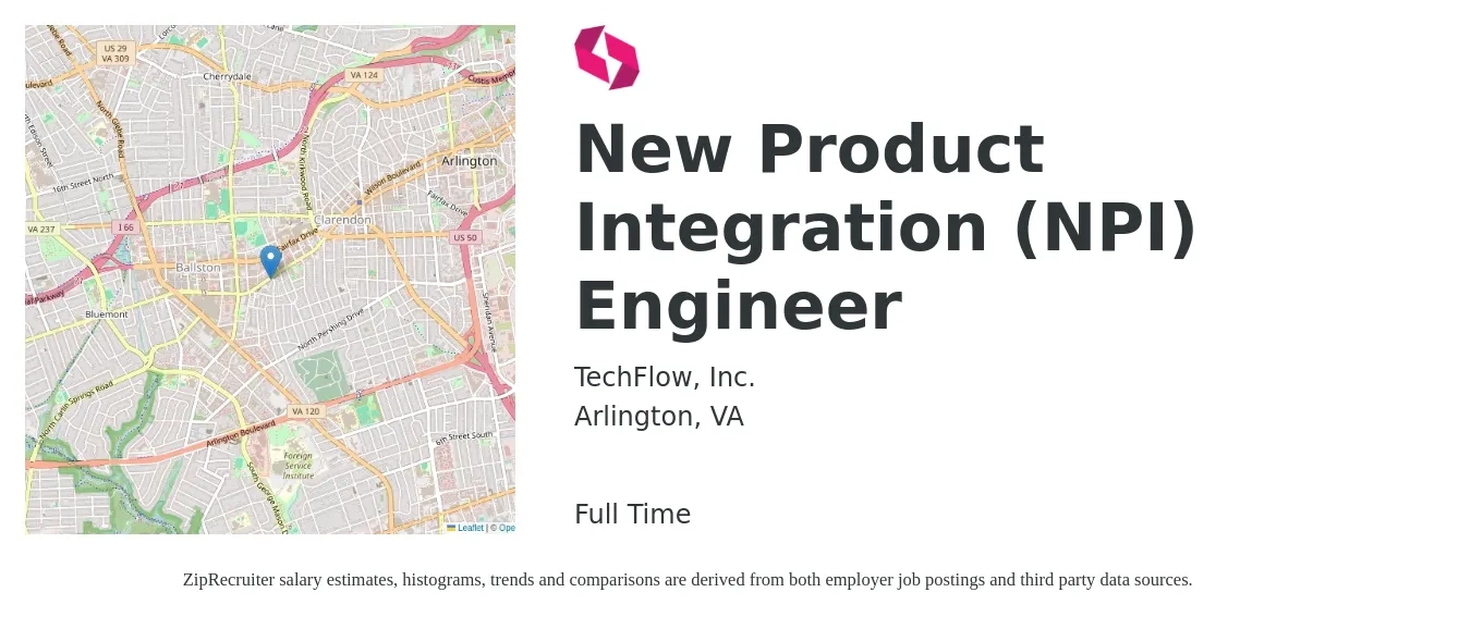 TechFlow, Inc. job posting for a New Product Integration (NPI) Engineer in Arlington, VA with a salary of $190,800 Yearly with a map of Arlington location.