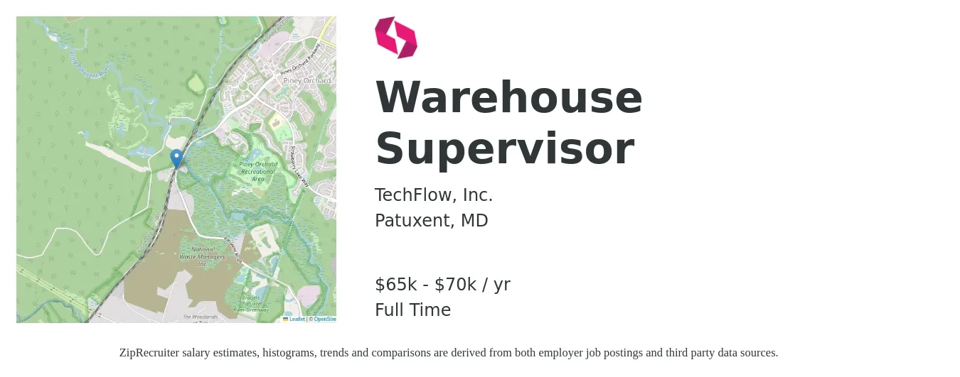 TechFlow, Inc. job posting for a Warehouse Supervisor in Patuxent, MD with a salary of $65,000 to $70,000 Yearly with a map of Patuxent location.