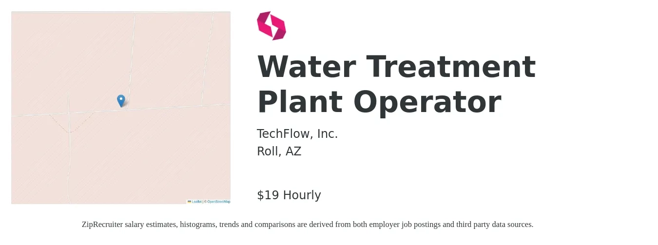 TechFlow, Inc. job posting for a Water Treatment Plant Operator in Roll, AZ with a salary of $20 Hourly with a map of Roll location.