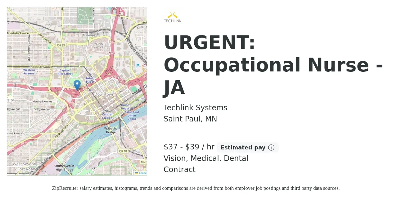 Techlink Systems job posting for a URGENT: Occupational Nurse - JA in Saint Paul, MN with a salary of $39 to $41 Hourly and benefits including medical, vision, dental, and life_insurance with a map of Saint Paul location.
