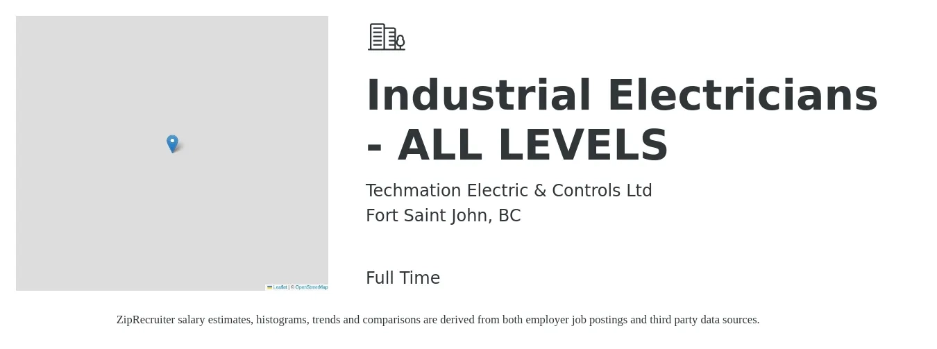 Techmation Electric & Controls Ltd job posting for a Industrial Electricians - ALL LEVELS in Fort Saint John, BC with a map of Fort Saint John location.