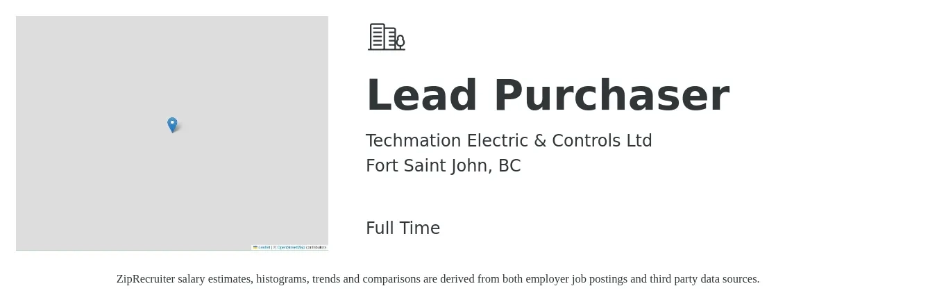 Techmation Electric & Controls Ltd job posting for a Lead Purchaser in Fort Saint John, BC with a map of Fort Saint John location.