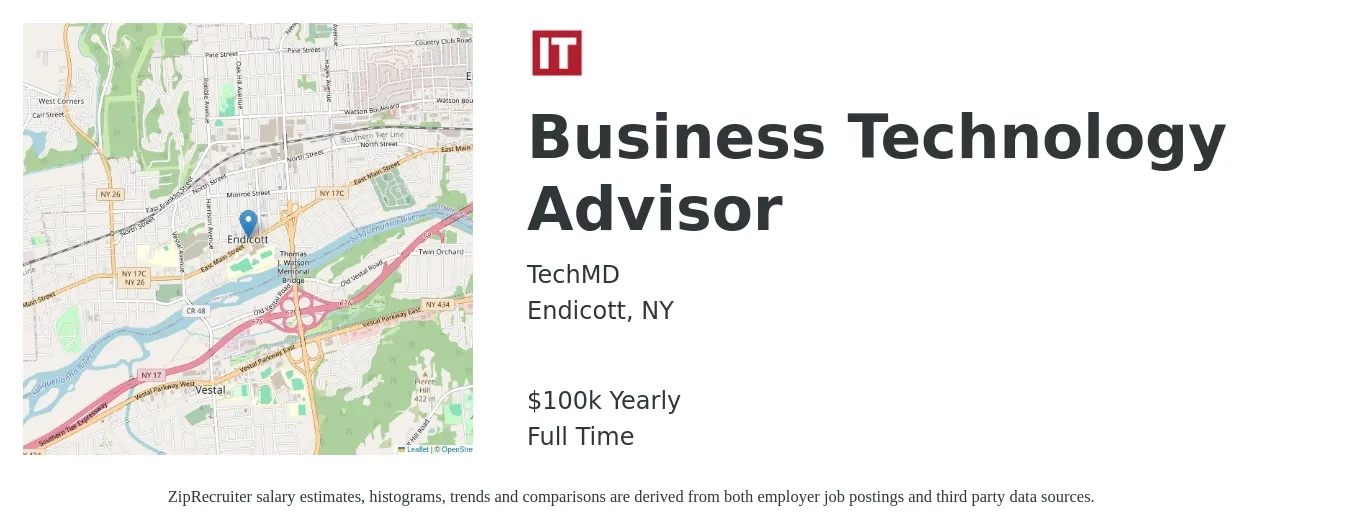 TechMD job posting for a Business Technology Advisor in Endicott, NY with a salary of $49,400 to $81,800 Yearly with a map of Endicott location.