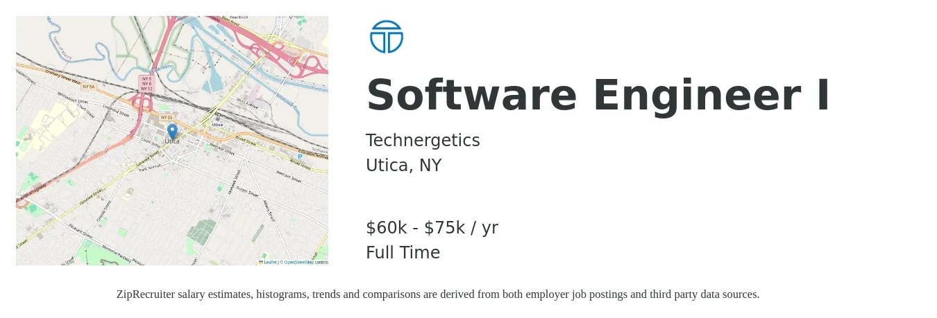 Technergetics job posting for a Software Engineer I in Utica, NY with a salary of $60,000 to $75,000 Yearly with a map of Utica location.