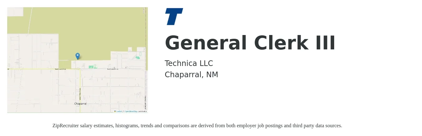 Technica LLC job posting for a General Clerk III in Chaparral, NM with a salary of $18 to $23 Hourly with a map of Chaparral location.