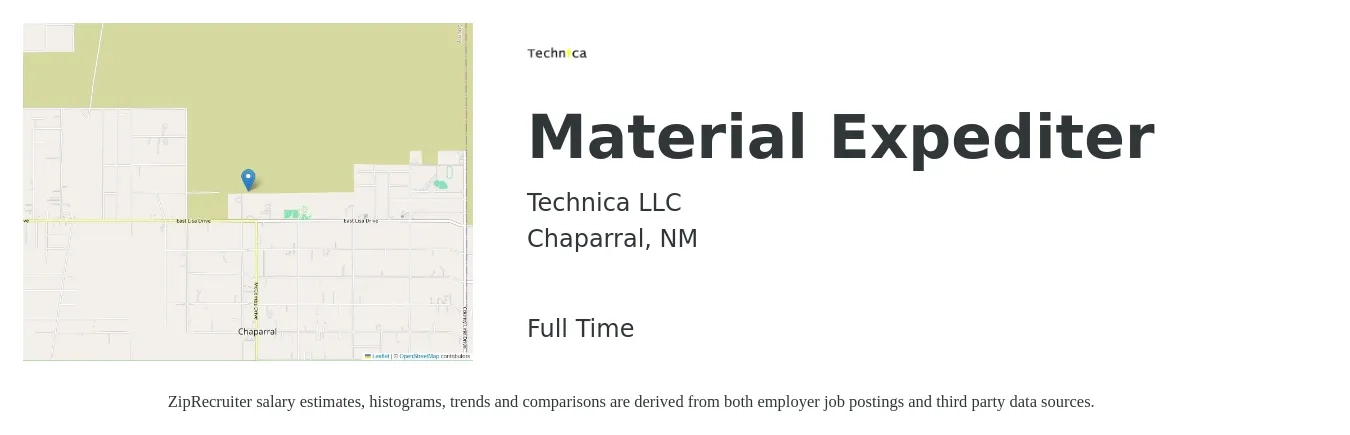 Technica LLC job posting for a Material Expediter in Chaparral, NM with a salary of $22 to $29 Hourly with a map of Chaparral location.