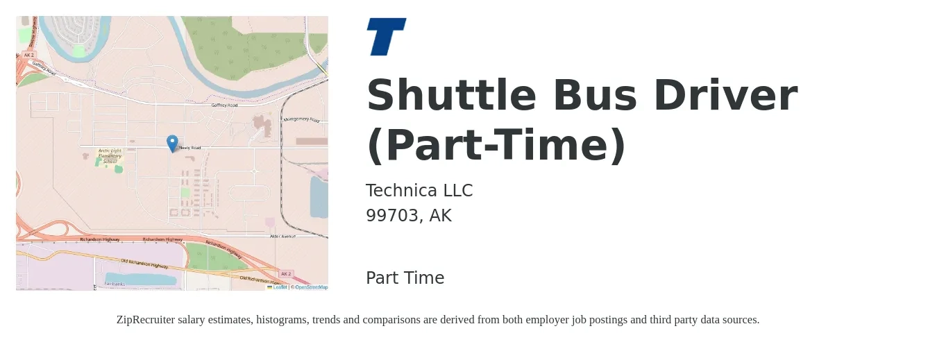 Technica LLC job posting for a Shuttle Bus Driver (Part-Time) in 99703, AK with a salary of $18 to $23 Hourly with a map of 99703 location.