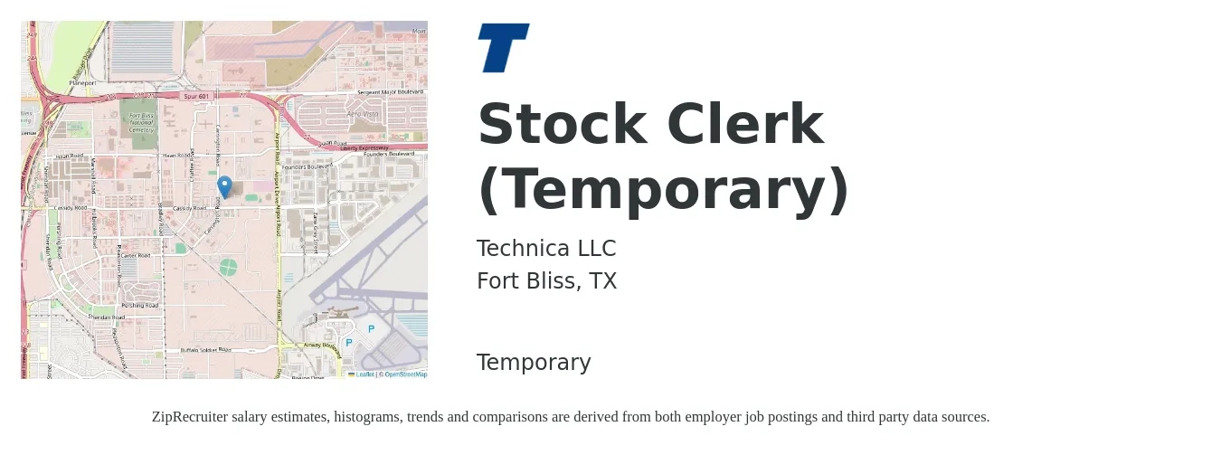 Technica LLC job posting for a Stock Clerk (Temporary) in Fort Bliss, TX with a salary of $15 to $18 Hourly with a map of Fort Bliss location.