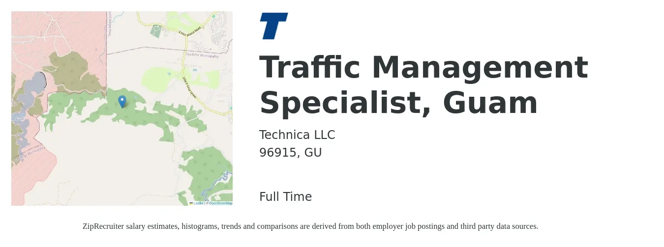 Technica LLC job posting for a Traffic Management Specialist, Guam in 96915, GU with a salary of $56,400 to $116,800 Yearly with a map of 96915 location.