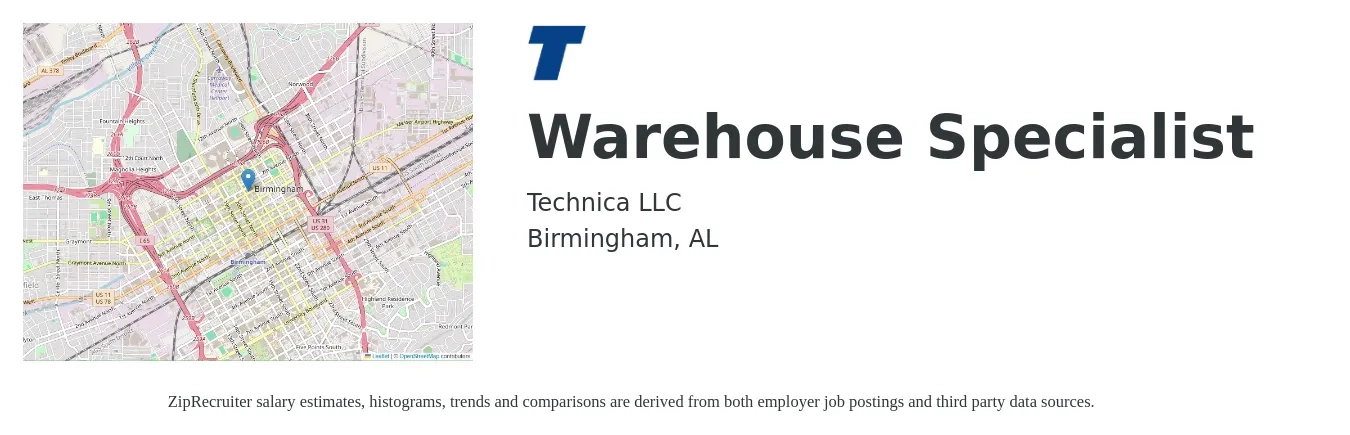 Technica LLC job posting for a Warehouse Specialist in Birmingham, AL with a salary of $16 to $20 Hourly with a map of Birmingham location.
