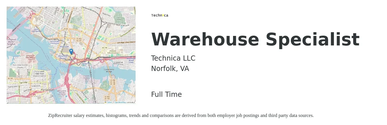 Technica LLC job posting for a Warehouse Specialist in Norfolk, VA with a salary of $17 to $21 Hourly with a map of Norfolk location.