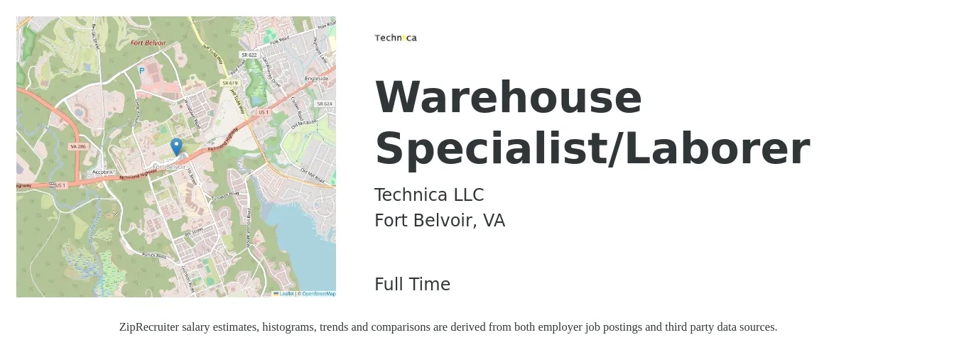 Technica LLC job posting for a Warehouse Specialist/Laborer in Fort Belvoir, VA with a salary of $17 to $21 Hourly with a map of Fort Belvoir location.