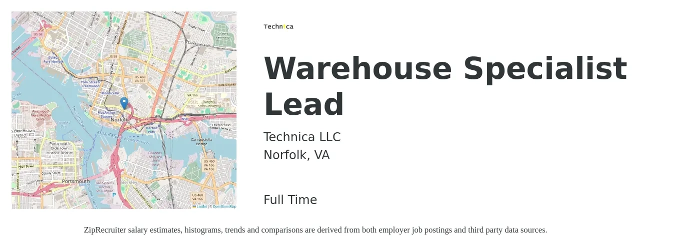 Technica LLC job posting for a Warehouse Specialist Lead in Norfolk, VA with a salary of $18 to $24 Hourly with a map of Norfolk location.