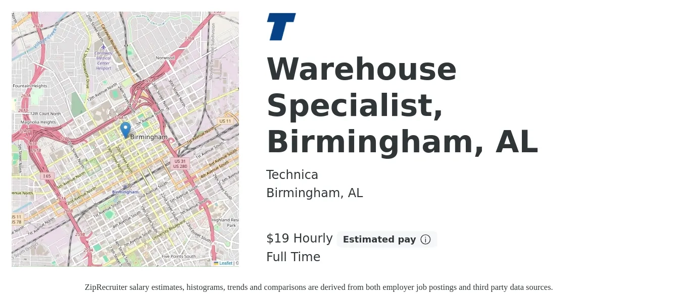 Technica LLC job posting for a Warehouse Specialist, Birmingham, AL in Birmingham, AL with a salary of $16 to $20 Hourly with a map of Birmingham location.