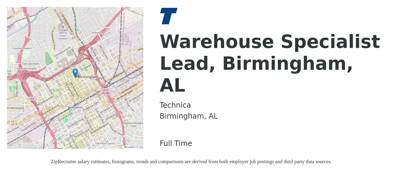 Technica LLC job posting for a Warehouse Specialist Lead, Birmingham, AL in Birmingham, AL with a salary of $17 to $22 Hourly with a map of Birmingham location.