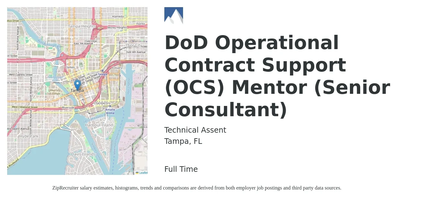 Technical Assent job posting for a DoD Operational Contract Support (OCS) Mentor (Senior Consultant) in Tampa, FL with a salary of $110,600 to $139,400 Yearly with a map of Tampa location.