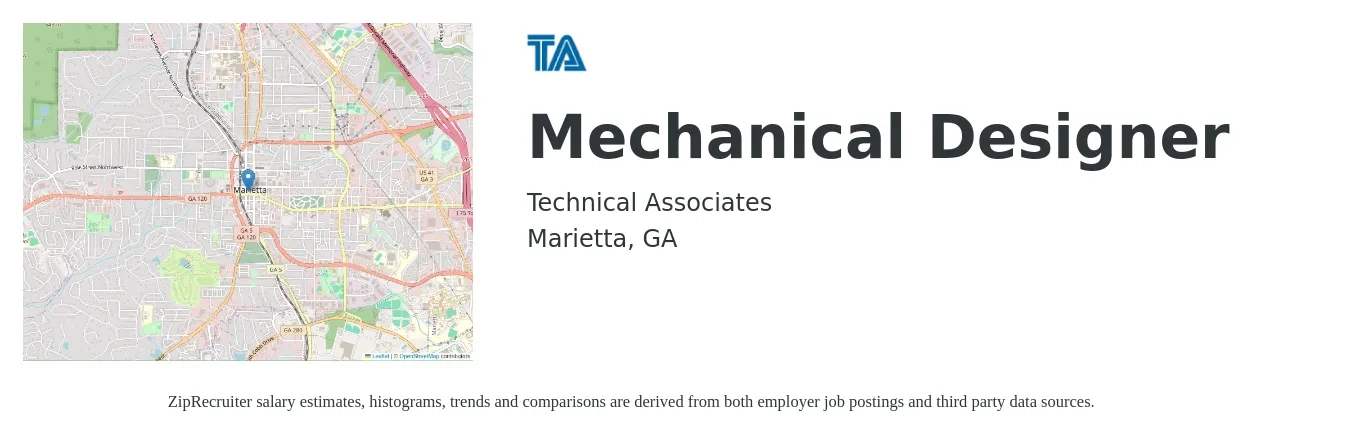 Technical Associates job posting for a Mechanical Designer in Marietta, GA with a salary of $100,000 to $110,000 Yearly and benefits including dental, life_insurance, medical, pto, retirement, and vision with a map of Marietta location.
