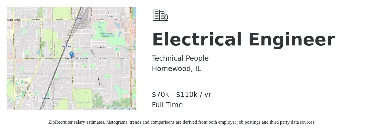 Technical People job posting for a Electrical Engineer in Homewood, IL with a salary of $70,000 to $110,000 Yearly with a map of Homewood location.
