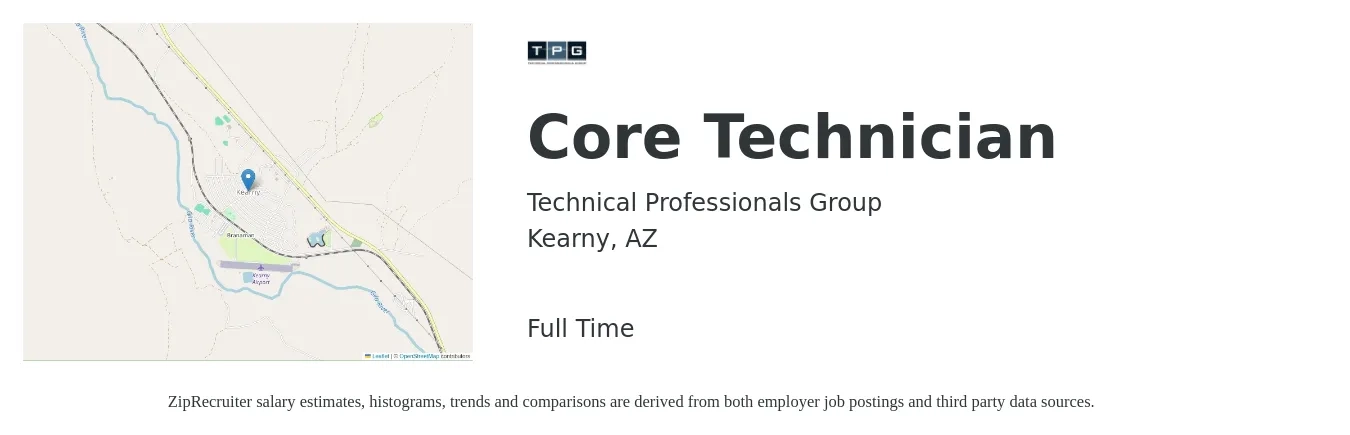 Technical Professionals Group job posting for a Core Technician in Kearny, AZ with a salary of $16 to $20 Hourly with a map of Kearny location.