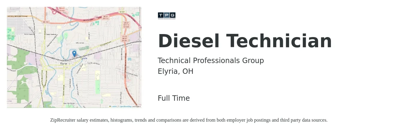 Technical Professionals Group job posting for a Diesel Technician in Elyria, OH with a salary of $24 to $34 Hourly with a map of Elyria location.