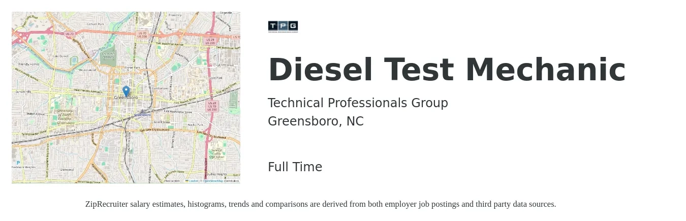 Technical Professionals Group job posting for a Diesel Test Mechanic in Greensboro, NC with a salary of $24 to $32 Hourly with a map of Greensboro location.