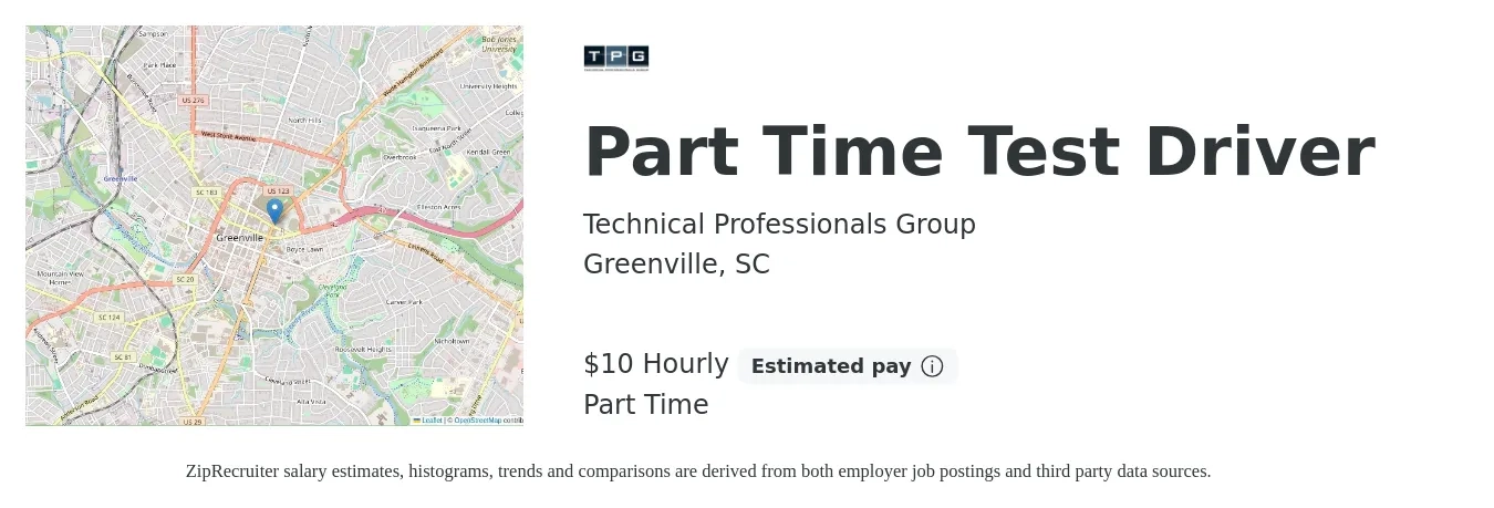 Technical Professionals Group job posting for a Part Time Test Driver in Greenville, SC with a salary of $15 to $19 Hourly with a map of Greenville location.