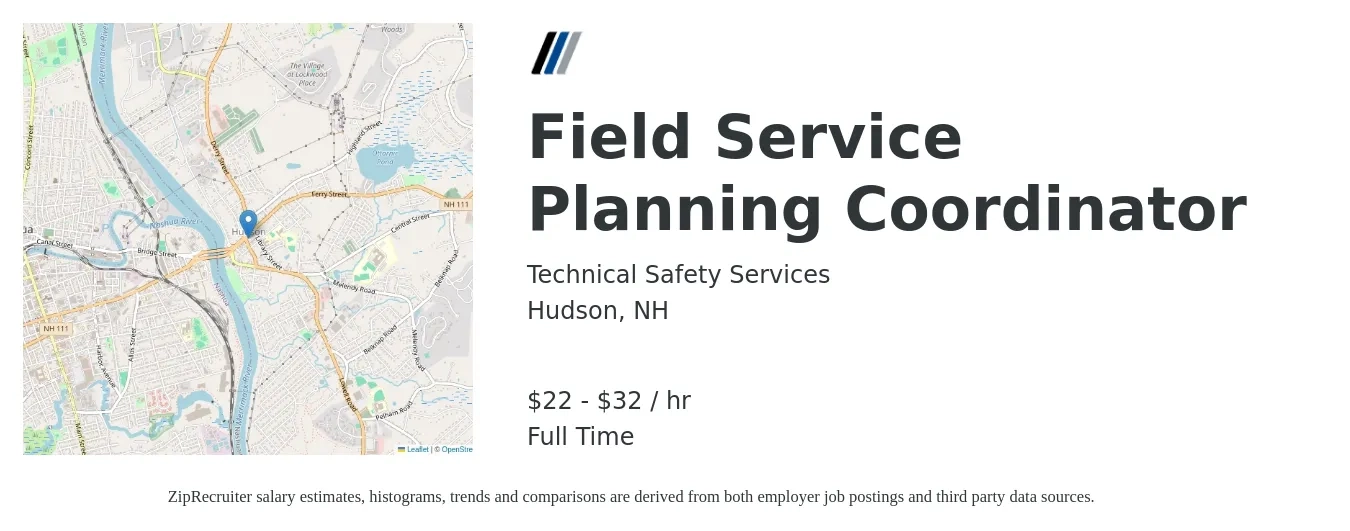 Technical Safety Services job posting for a Field Service Planning Coordinator in Hudson, NH with a salary of $23 to $34 Hourly with a map of Hudson location.