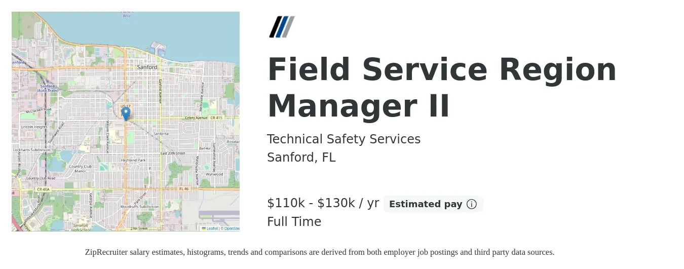 Technical Safety Services job posting for a Field Service Region Manager II in Sanford, FL with a salary of $110,000 to $130,000 Yearly with a map of Sanford location.