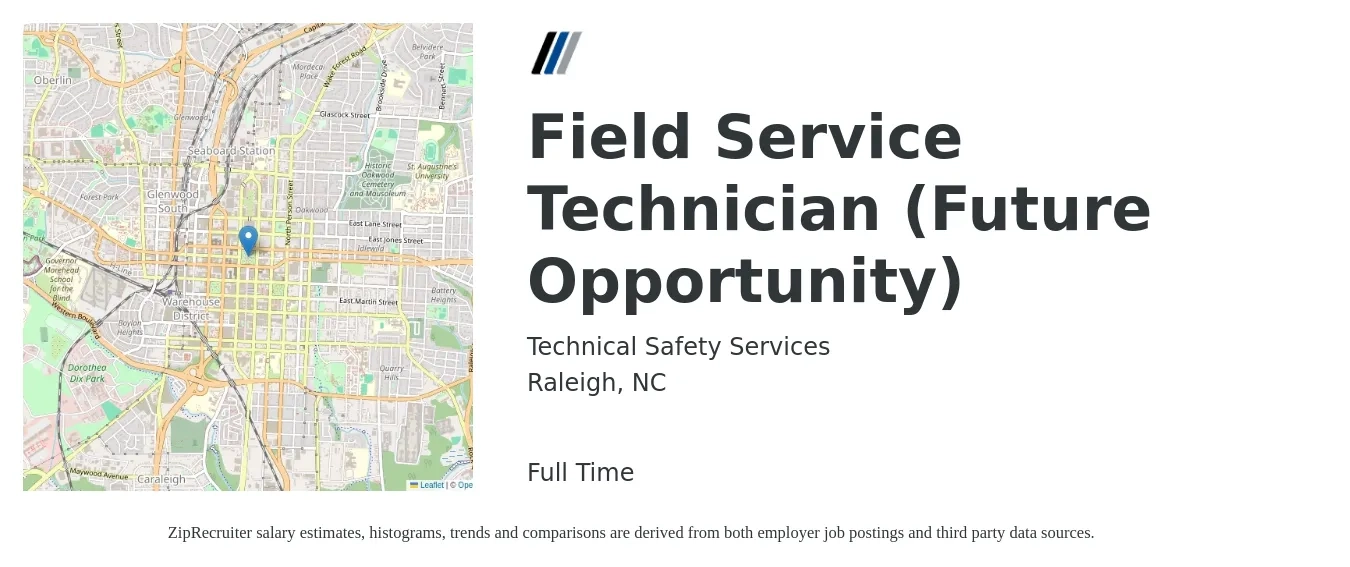 Technical Safety Services job posting for a Field Service Technician (Future Opportunity) in Raleigh, NC with a salary of $20 to $29 Hourly with a map of Raleigh location.