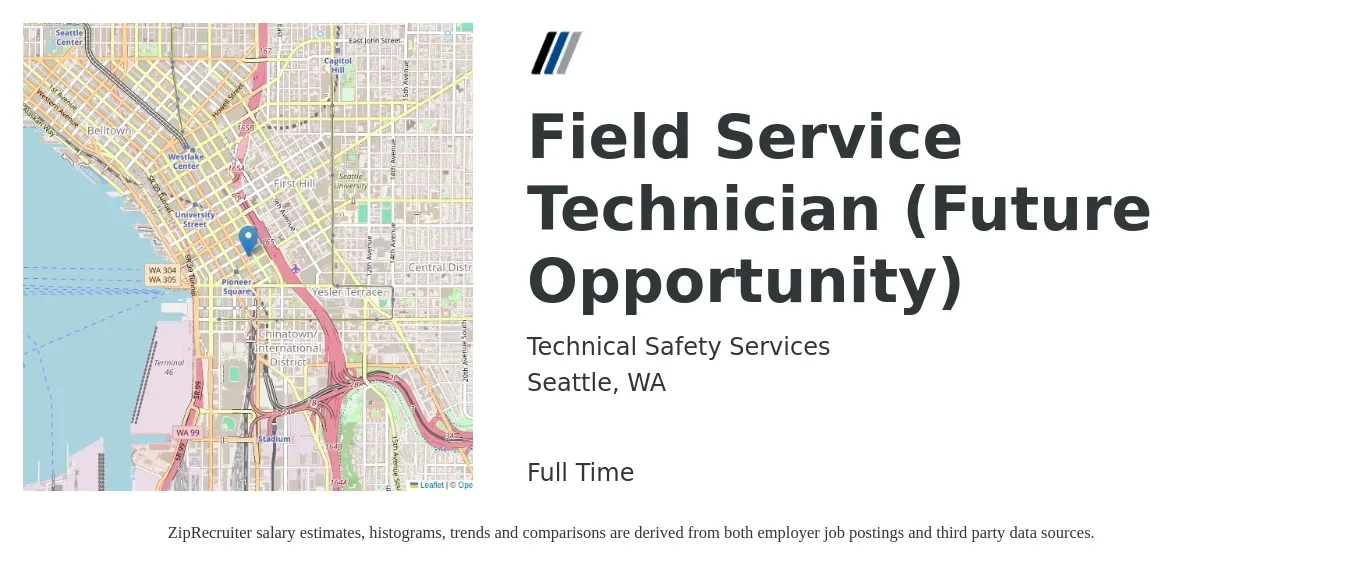 Technical Safety Services job posting for a Field Service Technician (Future Opportunity) in Seattle, WA with a salary of $23 to $34 Hourly with a map of Seattle location.