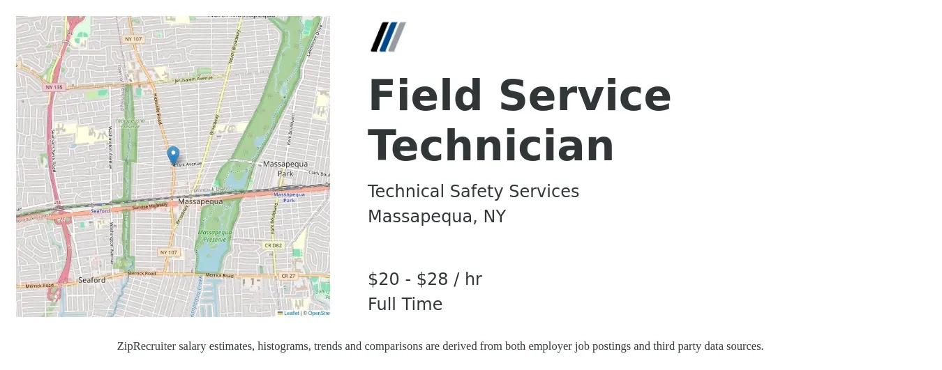 Technical Safety Services job posting for a Field Service Technician in Massapequa, NY with a salary of $43,680 to $62,400 Yearly with a map of Massapequa location.