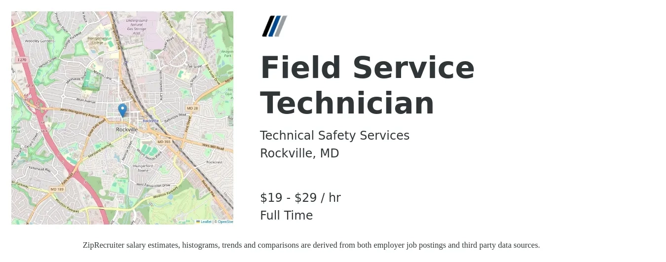 Technical Safety Services job posting for a Field Service Technician in Rockville, MD with a salary of $50,000 to $60,000 Yearly with a map of Rockville location.